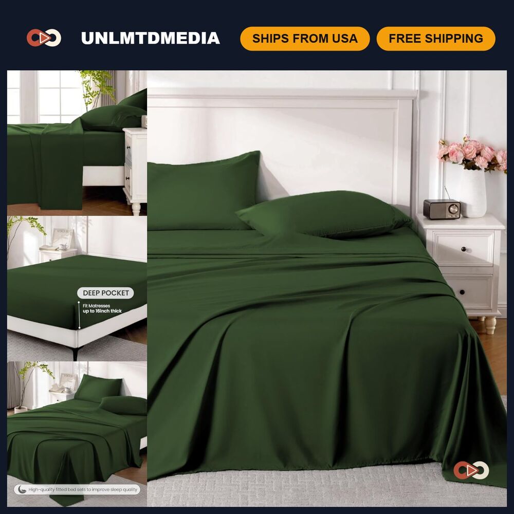 Dark Olive Green Queen Sheet Set, 4-Piece Soft Bedding, Breathable & Cooling, De